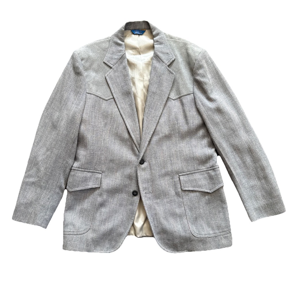 Pendleton Western Sport Coat Men 44 Gray Herringbone Wool Suede Yoke Blazer USA